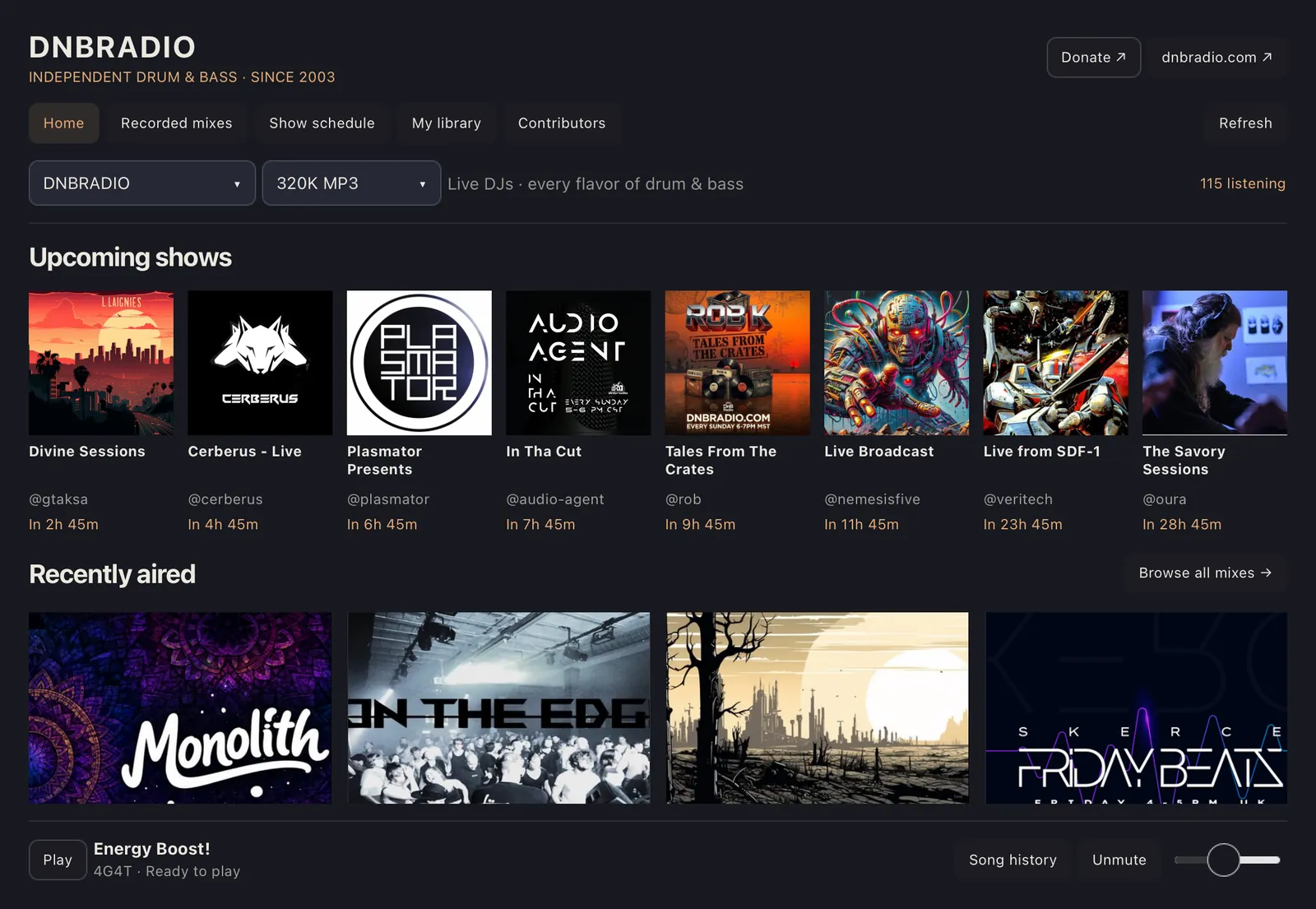 The DNBRADIO player showing upcoming shows and recently aired mixes